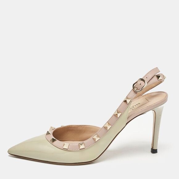 Valentino Dusty Pink/green Patent And Leather Rockstud D'orsay Slingback Pumps